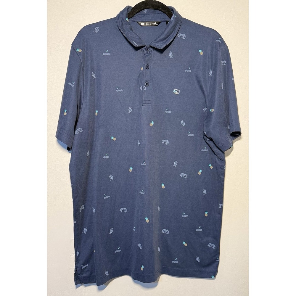 Travis Mathew Happy Thoughts Polo Shirt Men's XL Blue Pineapple Van Cactus Golf